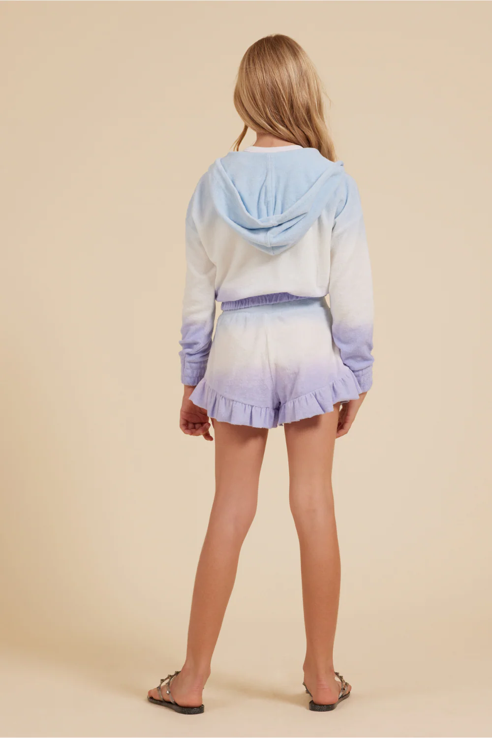 Blue/White/Lavender Tie Dye Terry Cloth Elastic Bottom Hoodie - Image 4