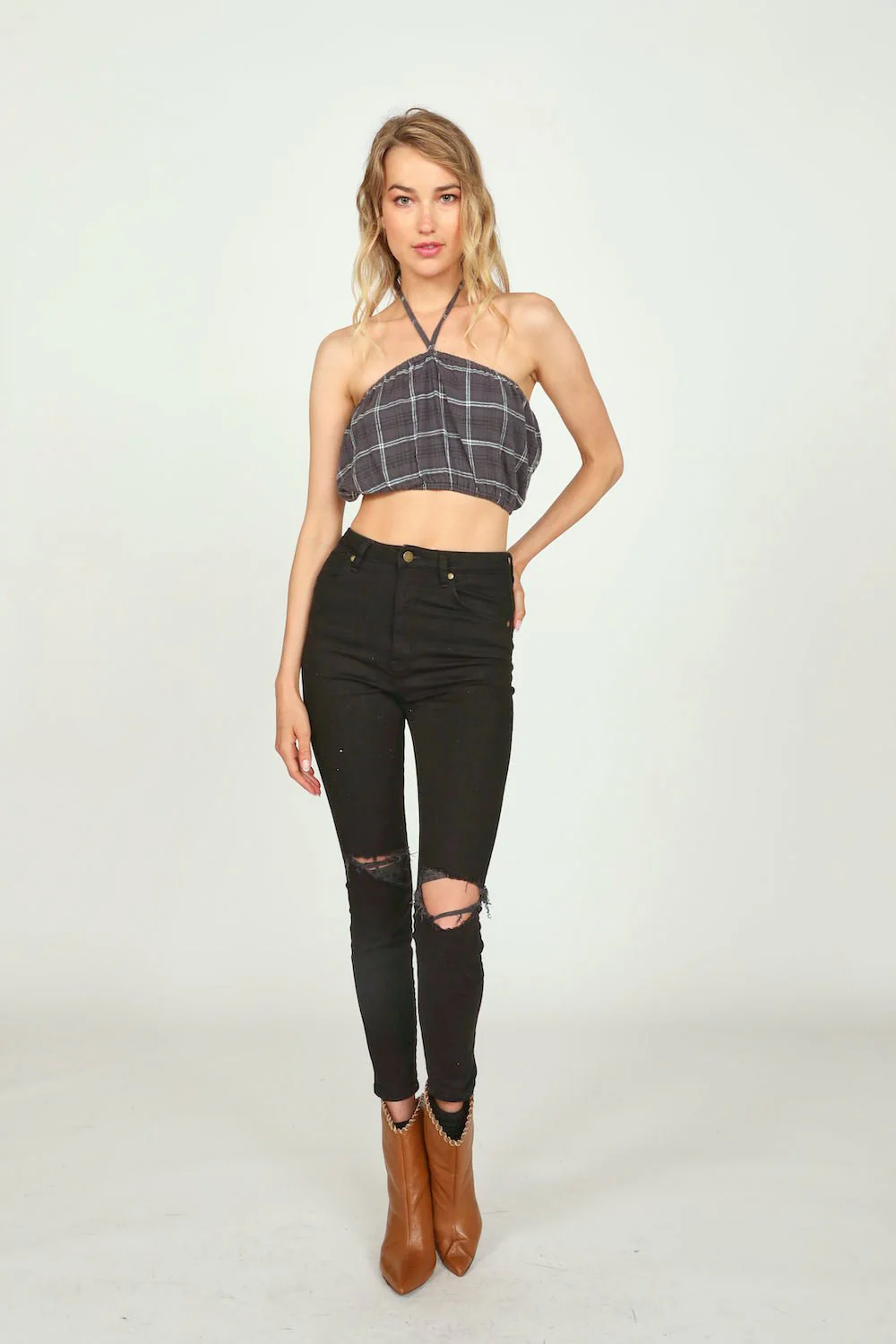 Grey Plaid Flannel Halter Bandeau - Image 3